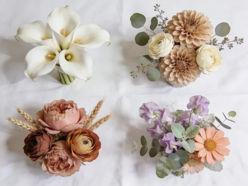 Четыре свадебные палитры 2026: Cloud Dancer, Cafe au Lait, Mocha Mousse и Whimsical Garden