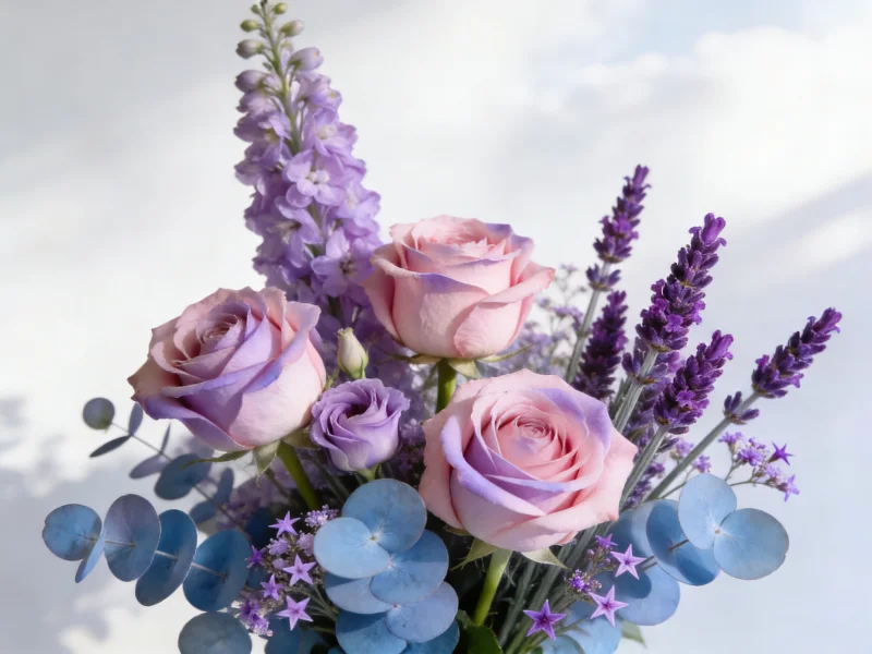 Лавандовый букет лета 2026 — палитра: роза Sweet Avalanche, дельфиниум lilac, живая лаванда Hidcote, эустома lilac, эвкалипт baby blue