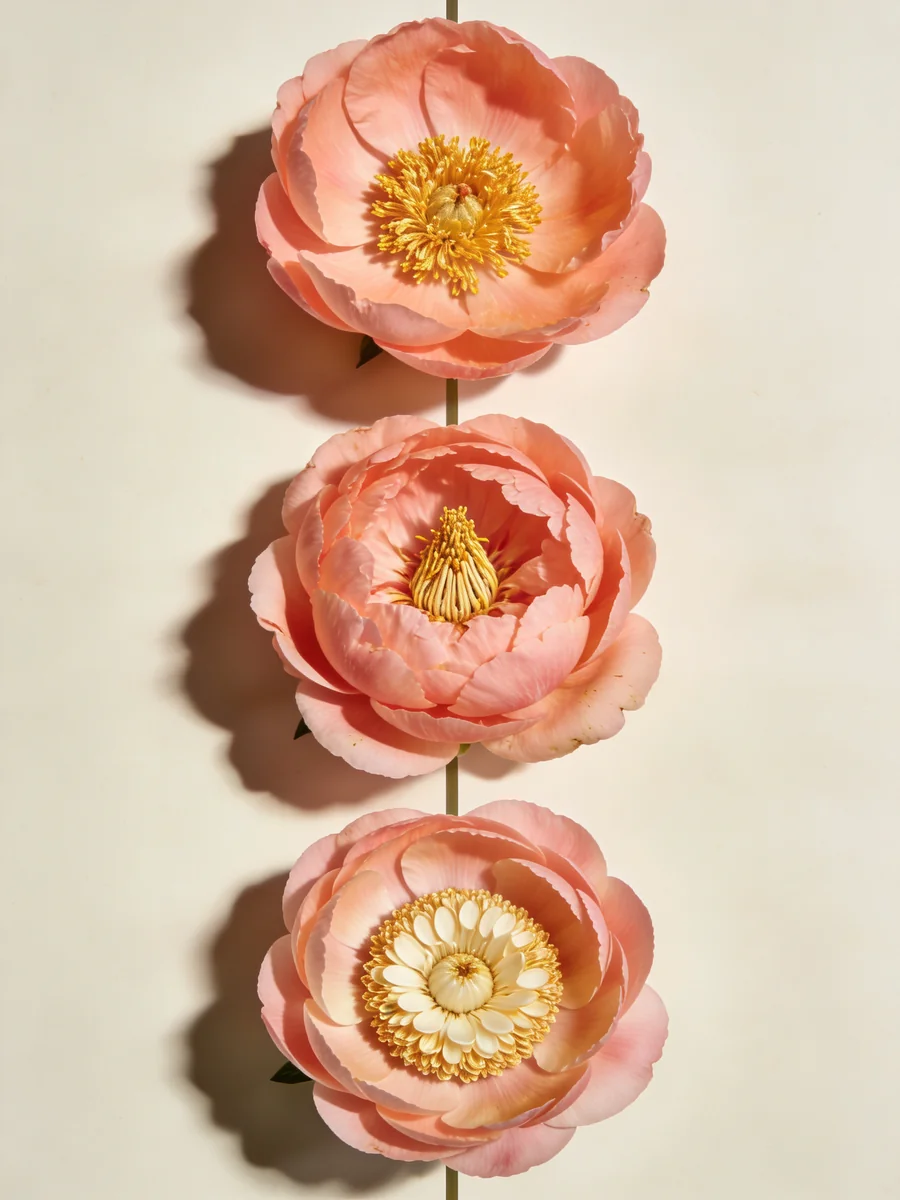 Три формы пиона по классификации APS: single, Japanese, anemone — простой ряд лепестков, японская форма со staminodes, анемоновидная с подушкой petaloid