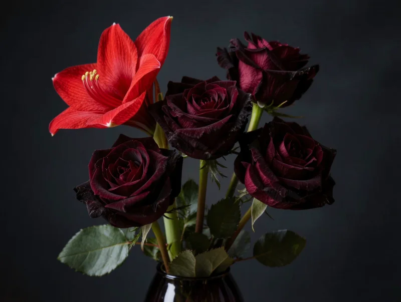 Тёмные розы Black Baccara с амариллисом в ноябре — драматичный зимний букет