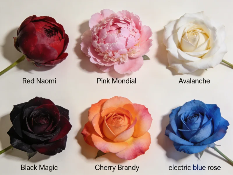 Шесть сортов роз рядом: Red Naomi, Pink Mondial, Avalanche, Black Magic, Cherry Brandy, синяя крашеная