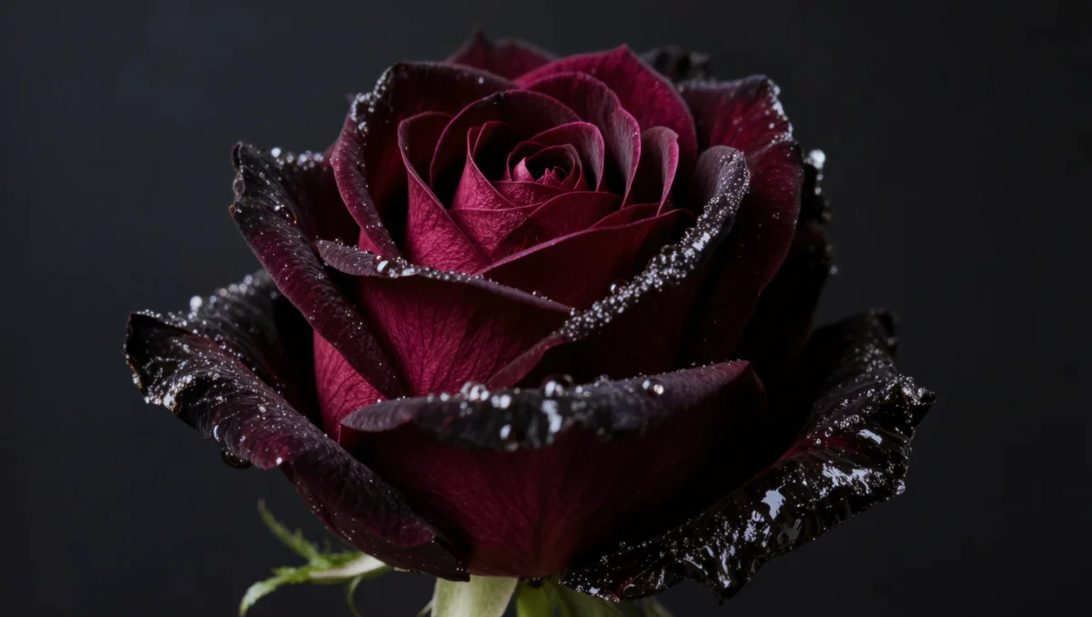 Крупный план розы Black Baccara — глубокий тёмно-бордовый цвет, почти чёрный при определённом освещении