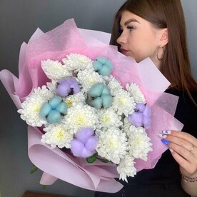 Нежный🌞Букет с белоснежной хризантемой и хлопком