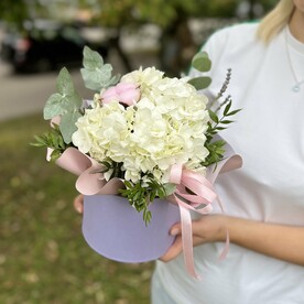 Белая гортензия и ароматный эвкалипт в коробке