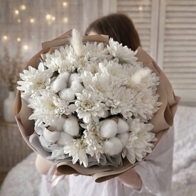 💗 Авторский букет с хризантемой, хлопком и лагурусом (Е029)