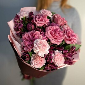 Альстромерия, Диантус, Роза, Фисташка, Роза пионовидная кустовая, Авторская упаковка