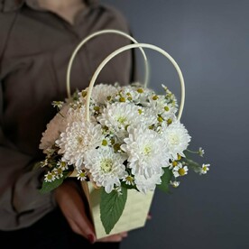 Матрикария, Хризантема кустовая, Зелень декоративная, Сумочка, Оазис