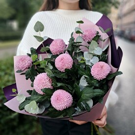 Хризантема момоко, Эвкалипт, Фисташка, Авторская упаковка