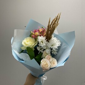 Роза, Хризантема кустовая, Роза кустовая, Сухоцветы, Альстромерия, Тишью, Упаковка