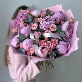 Роза кустовая, Пион, Эвкалипт, Дизайнерская упаковка, Аквапак