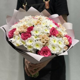 Хризантема кустовая, Роза ревивал, Роза кустовая, Сантини, Дизайнерская упаковка, Открытка