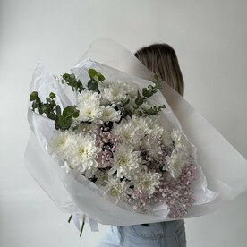 Хризантема кустовая, Гипсофила, Эвкалипт, Бумага, Пленка матовая
