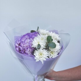 Гортензия, Хризантема кустовая, Эвкалипт, Тишью, Авторская упаковка
