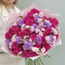Гвоздика мунлайт, Маттиола розовая, Роза пионовидная кустовая, Упаковка