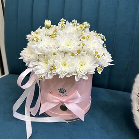Коробочка пышных хризантем и ромашек