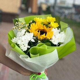 Хризантема кустовая, Зелень, Подсолнух, Танацетум, Дизайнерская упаковка