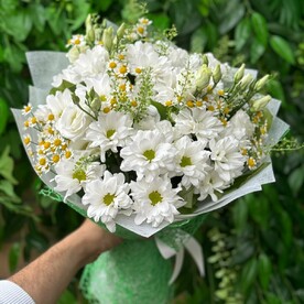 Хризантема, Танацетум, Лизиантус Эустома, Зелень, Упаковка, Сетка