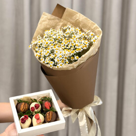 Клубника в шоколаде с ромашками кустовыми Комбо набор №28