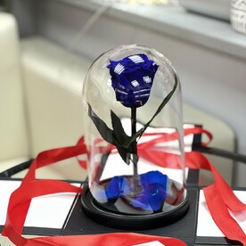 Синяя «Мини» Роза в колбе в подарочной коробке- живет 5 лет! 22 см