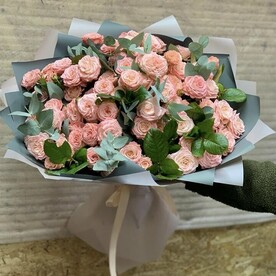 Роза леди бомбастик, Рускус, Эвкалипт, Упаковка, Открытка