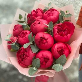 Пион корал шарм, Эвкалипт, Пленка матовая, Открытка