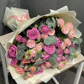 Роза леди бомбастик, Мисти бабблс, Эвкалипт, Оформление, Открытка
