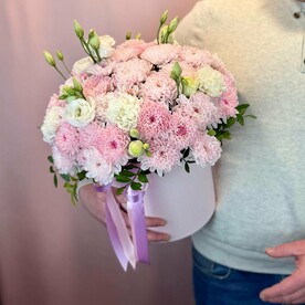 Хризантема кустовая, Диантус, Лизиантус Эустома, Фисташка, Шляпная коробка, Флористическая губка