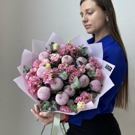 Лизиантус Эустома, Хризантема одноголовая, Эвкалипт, Авторская упаковка