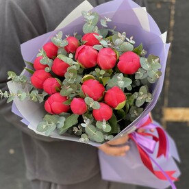 Пион корал шарм, Эвкалипт бэби блу, Дизайнерская упаковка