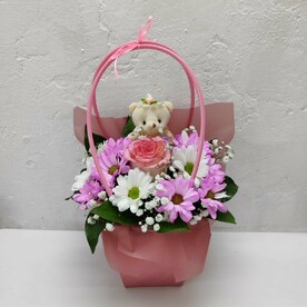 Хризантема кустовая, Роза, Гипсофила, Рускус, Сумочка