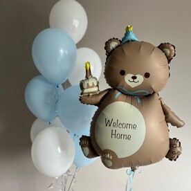 Милый мишка 🐻 Шары на выписку 👶 Подарок на выписку из роддома + Ваша надпись ✨ Голубые и белые шарики 🎈