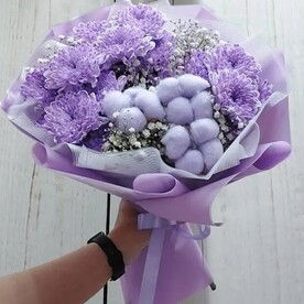 Букет из кустовой хризантемы и хлопка Фиолетовое сияние