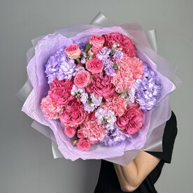 Диантус, Роза пионовидная, Гортензия, Роза кустовая, Писташ, Тишью, Дизайнерская упаковка
