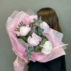 Пион, Эвкалипт, Писташ, Упаковка, Ленточка, Открытка