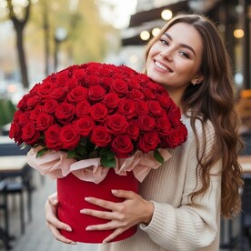 75 красных роз в коробке