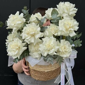 Роза белая, Эвкалипт, Кашпо