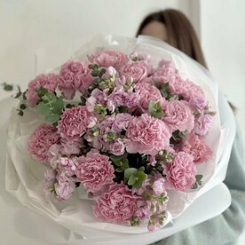 Диантус, Маттиола, Эвкалипт, Авторская упаковка, Аквапак, Траснспортировочная упаковка