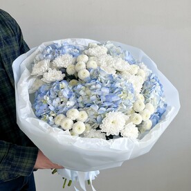 Хризантема кустовая, Гортензия стабилизированная, Авторская упаковка, Аквапак