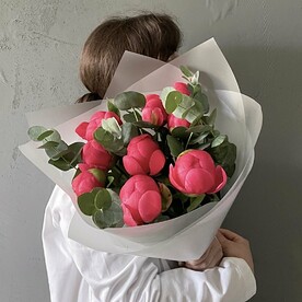 Пион корал шарм, Эвкалипт, Авторская упаковка, Аквапак