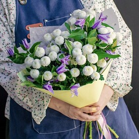 Клематис, Хризантема кустовая, Авторская упаковка, Аквапак