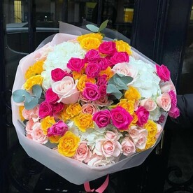 Отличное настроение, Роза, Эвкалипт, Гортензия Гидрангия, Авторская упаковка