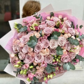 Отличное настроение, Роза, Роза кустовая, Лизиантус Эустома, Эвкалипт, Авторская упаковка