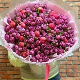 Роза кустовая, Пион корал шарм, Дизайнерская упаковка, Открытка