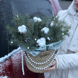 Новогодняя композиция из нобилиса в кашпо корзине