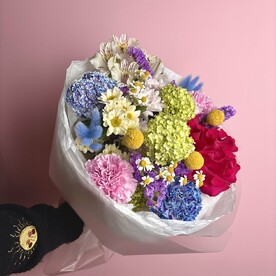 Роза, Вибурнум, Сантини, Хризантема кустовая, Диантус кустовой, Краспедия, Лагурус, Статица, Альстромерия w
