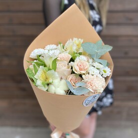 Сантини, Альстромерия, Роза, Хлопок, Роза кустовая, Зелень, Фоамиран