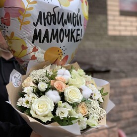 Роза, Пистация, Хлопок, Сантини, Лизиантус Эустома, Альстромерия, Роза кустовая, Крафт, Пленка, Шар