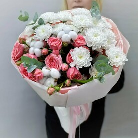 Стильный букет из кустовой розы, хризантемы и хлопка для мамы, любимой девушки, на день рождения 🔥ХИТ