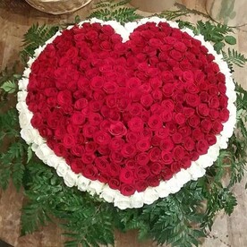 Розы красныеи белые, Зелень декоративная, Оазис, Корзина
