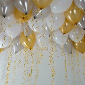 Шары воздушные гелиевые под потолок 15 шт: белые, золото, серебро